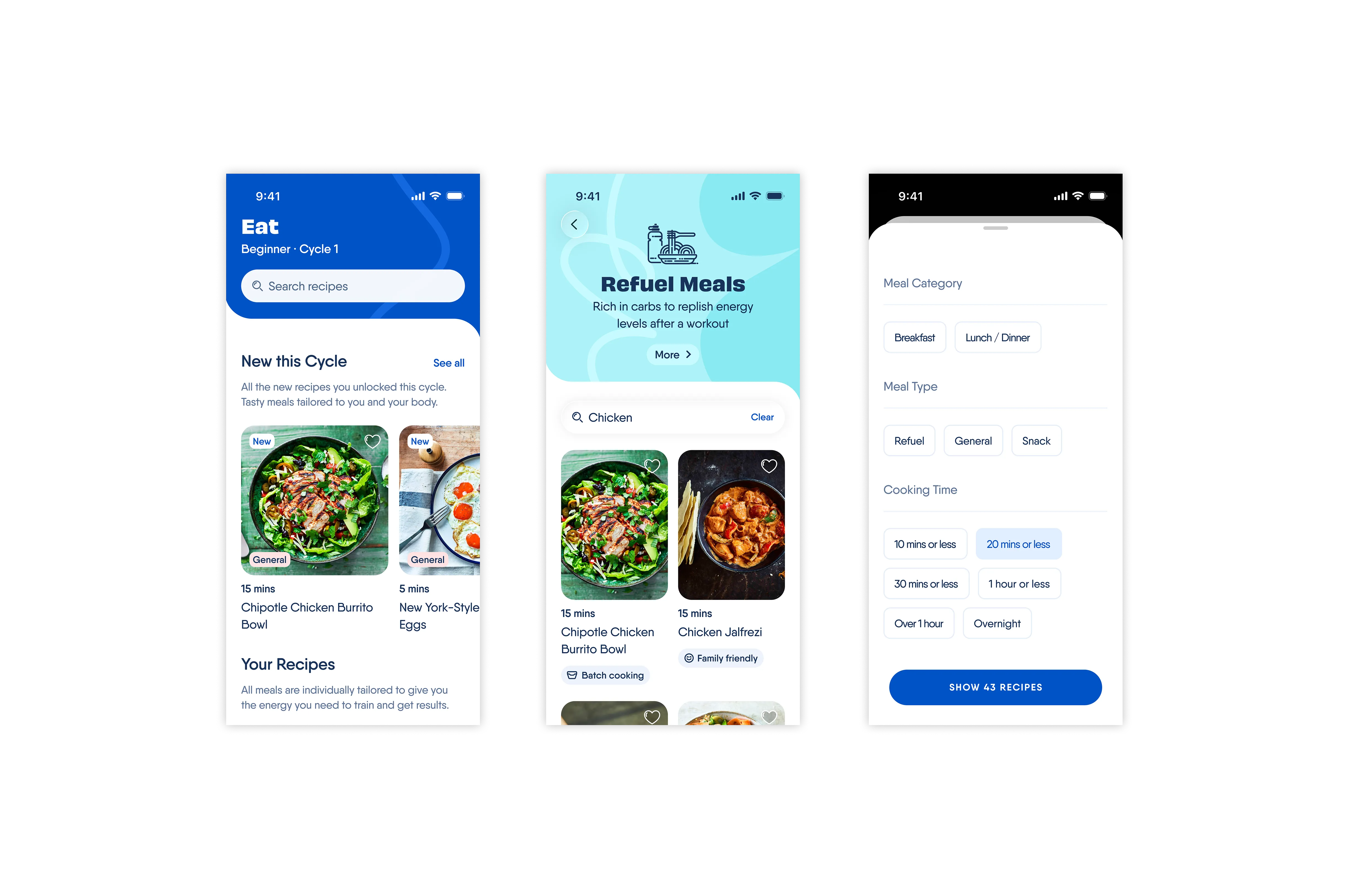 Screenshots showing work to help users find recipes.
