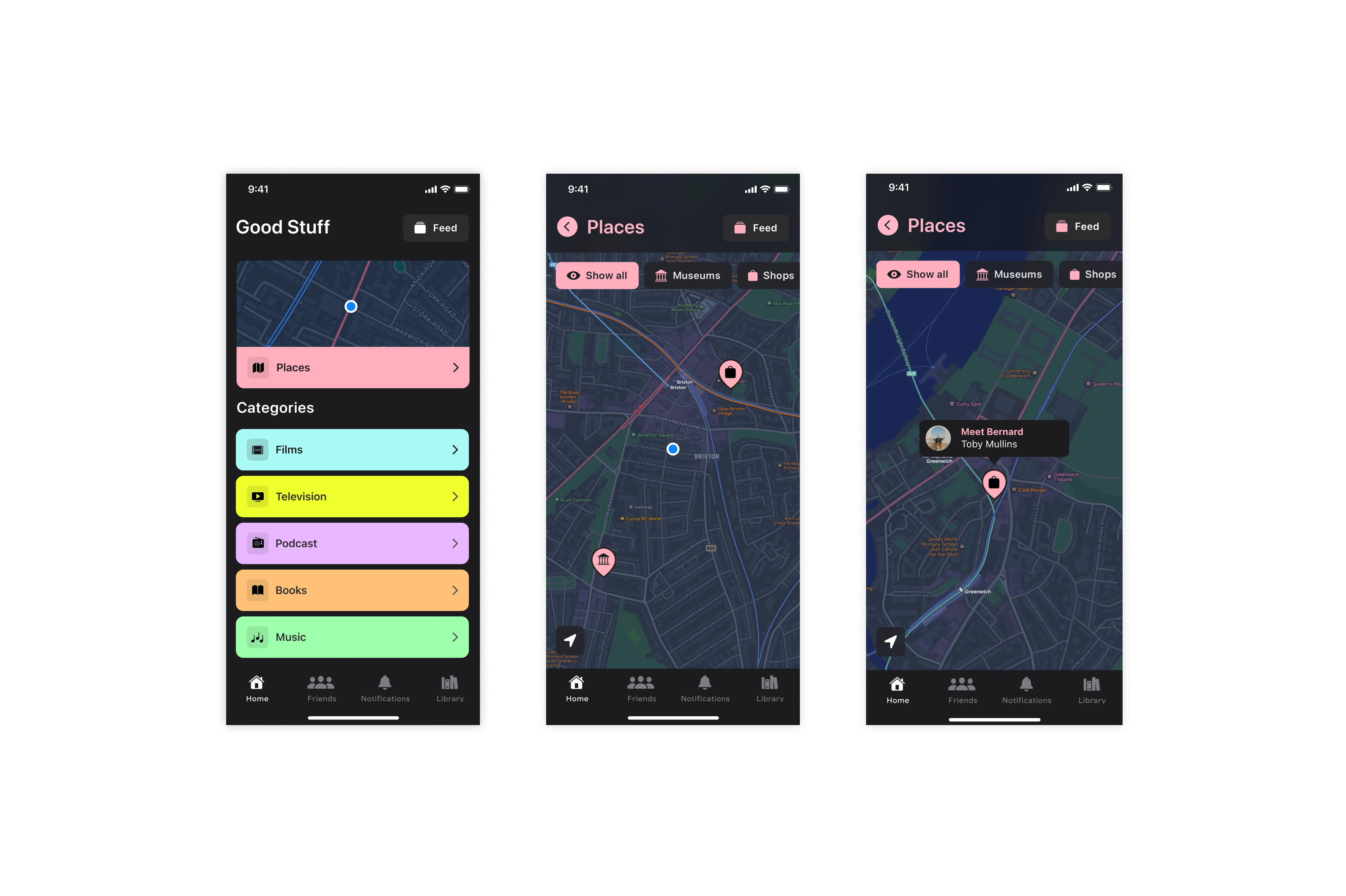 App screenshots showing the home and places screen where users can see their friends place recommendations.