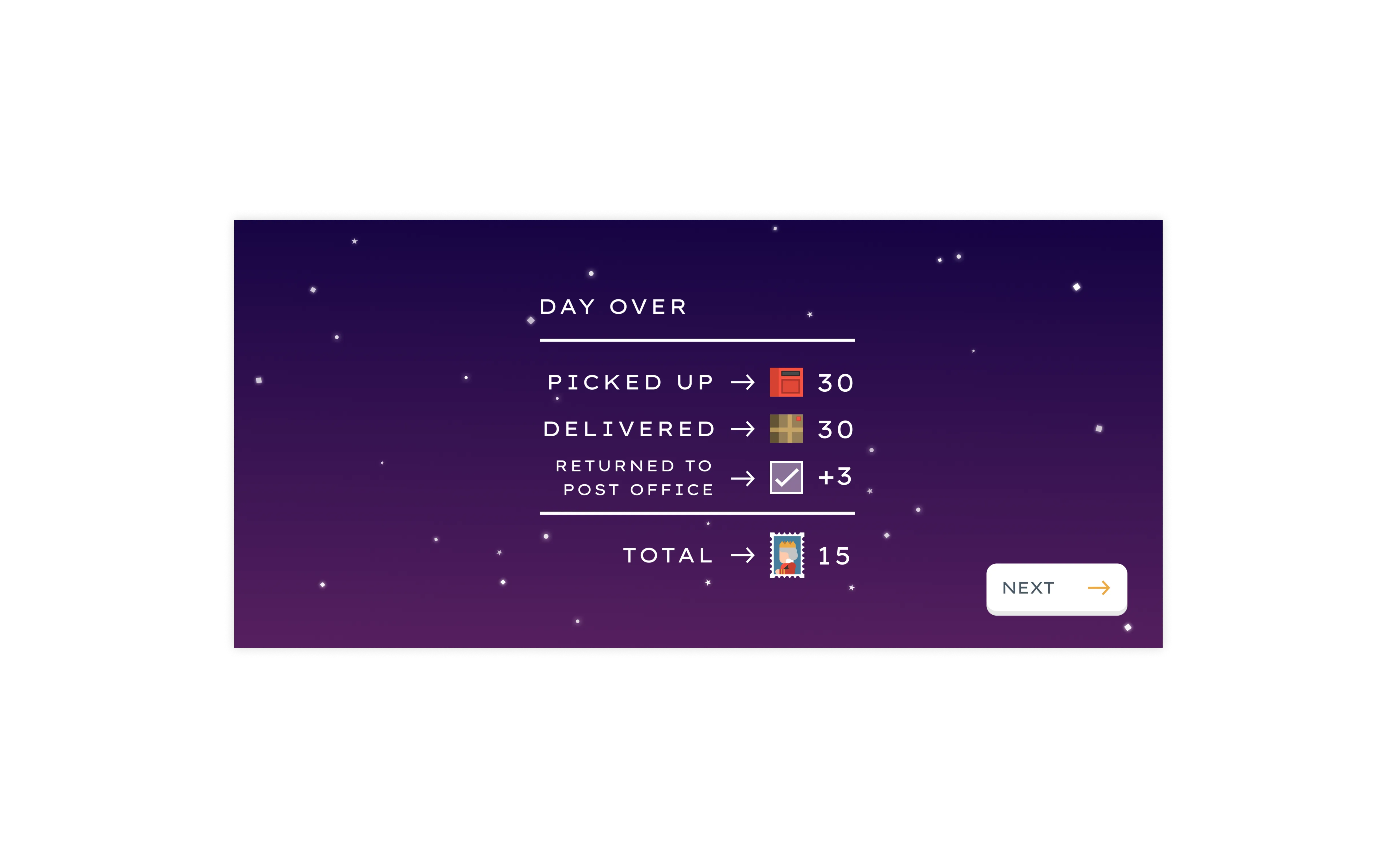 Day over screen for game showing how many stamps the user has collected.