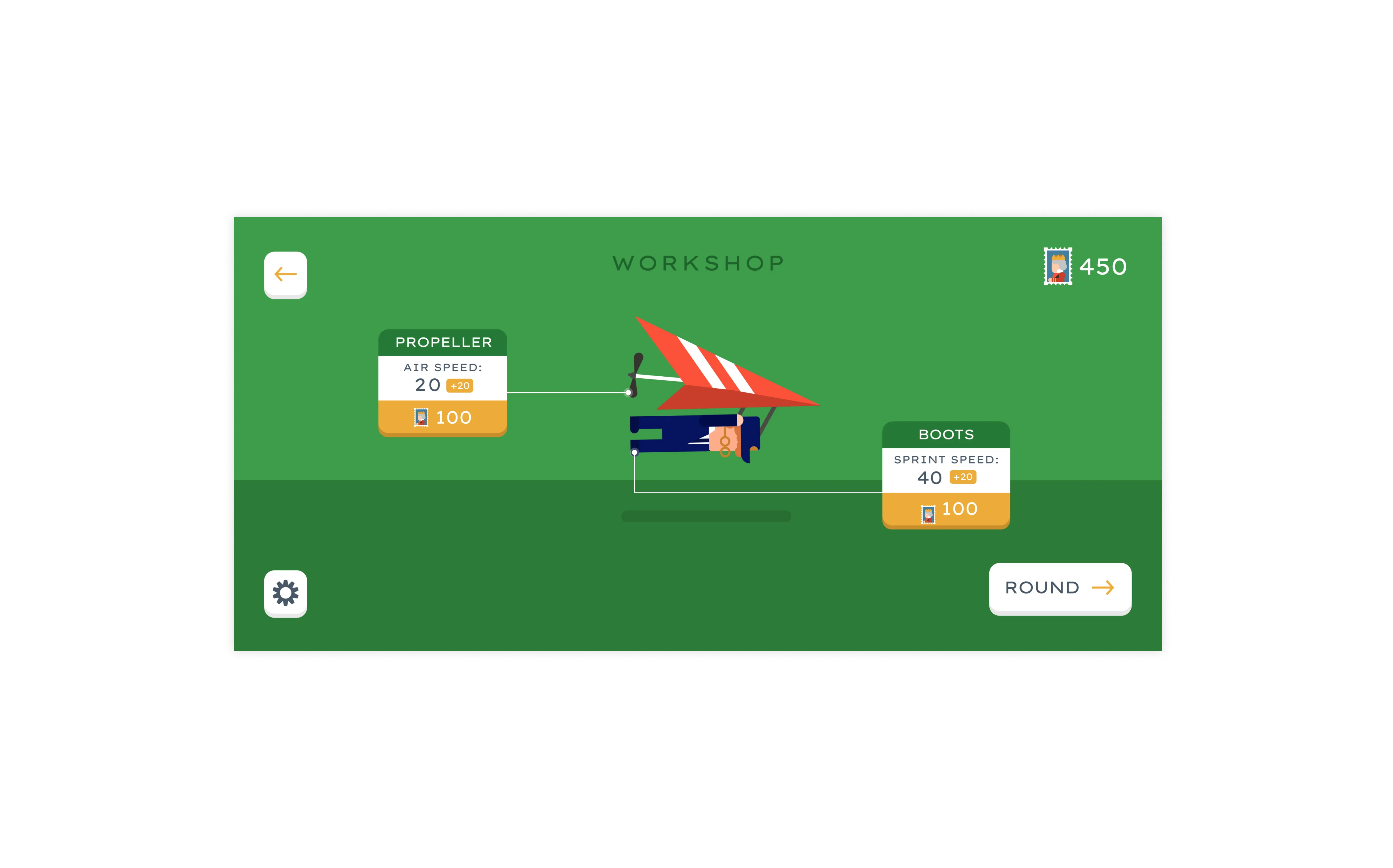 Workshop screen showing level up options for the games character.