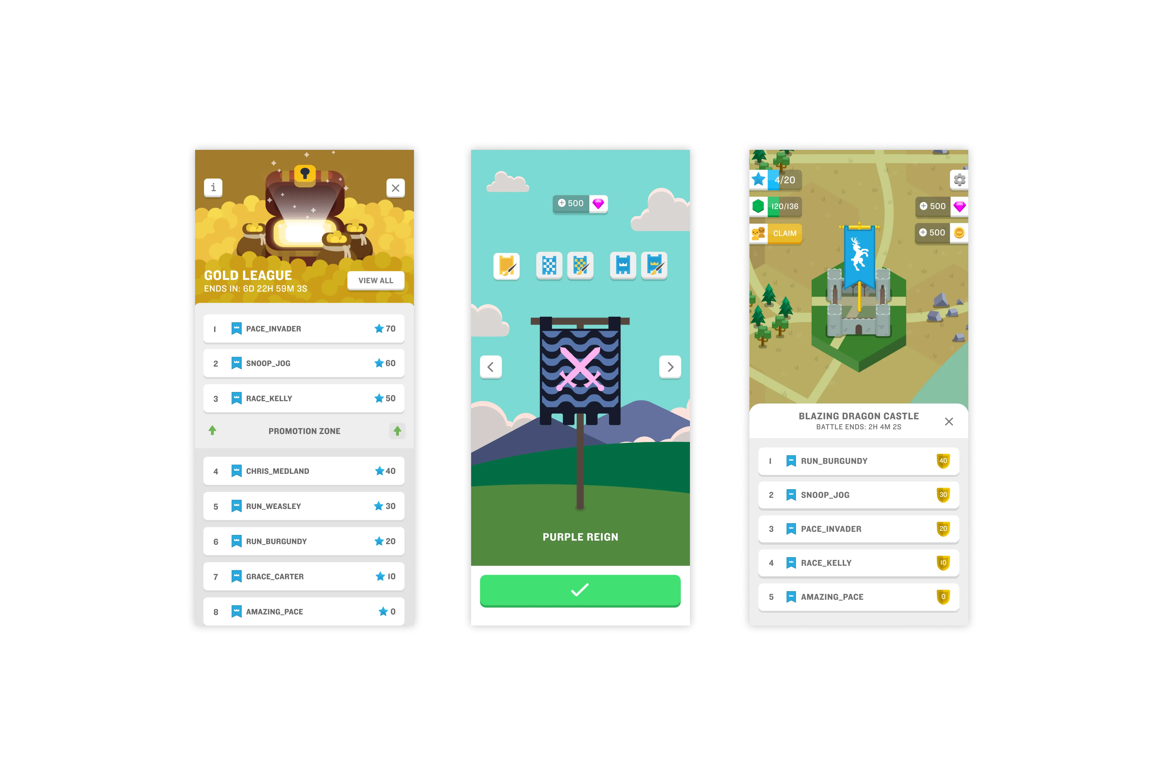 3 screenshots showing the leaderboard and competitive features in Run an Empire