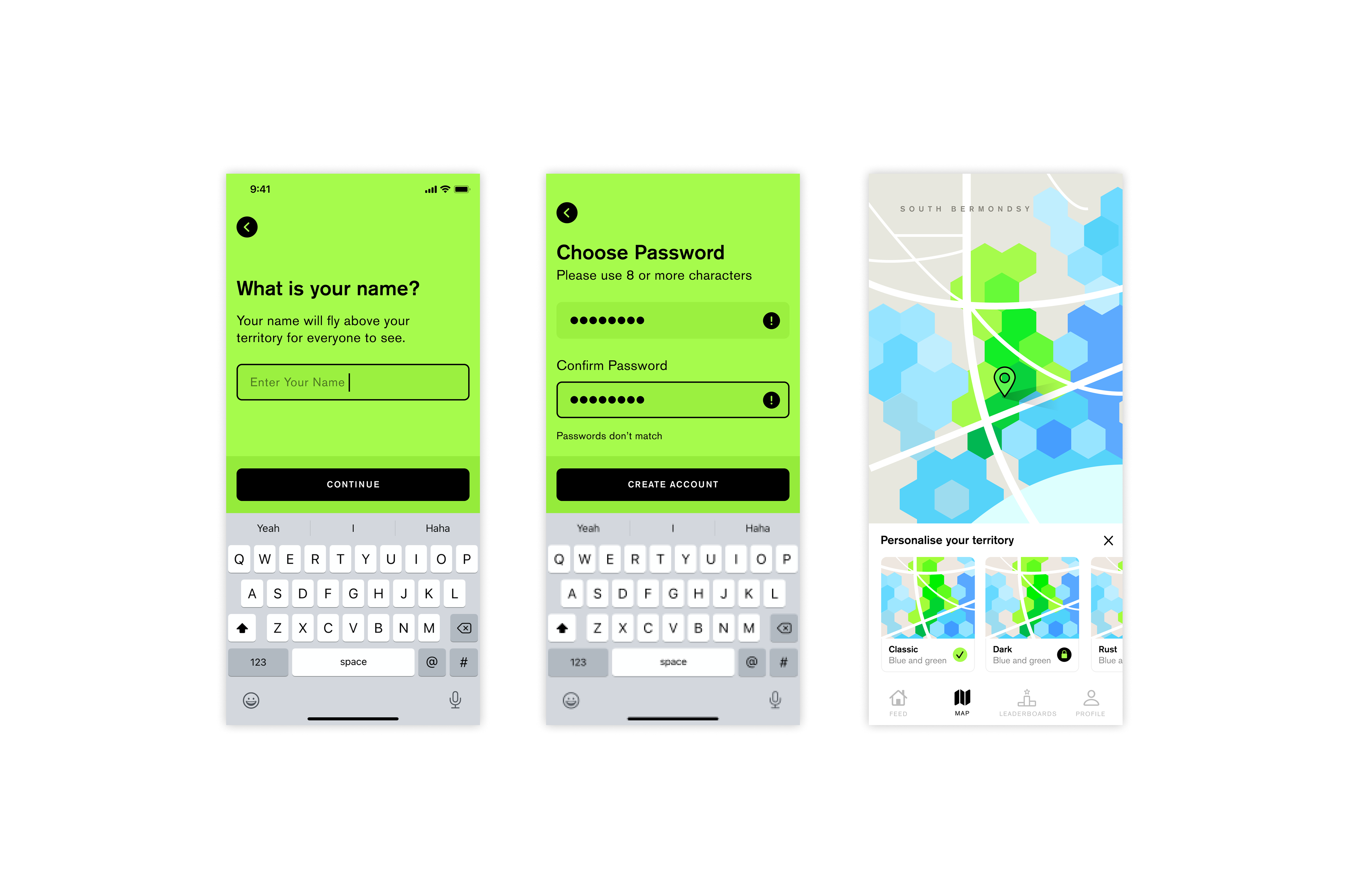 3 screenshots showing creating an account and customising the map on Stride